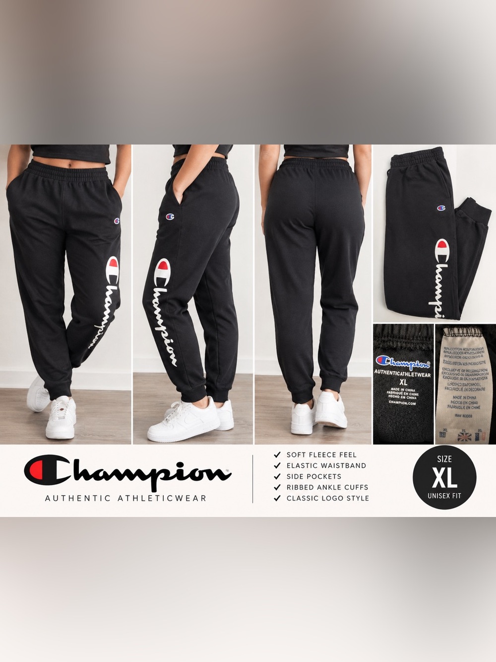 Champion Black Jogger Sweatpants with White & Red Logo